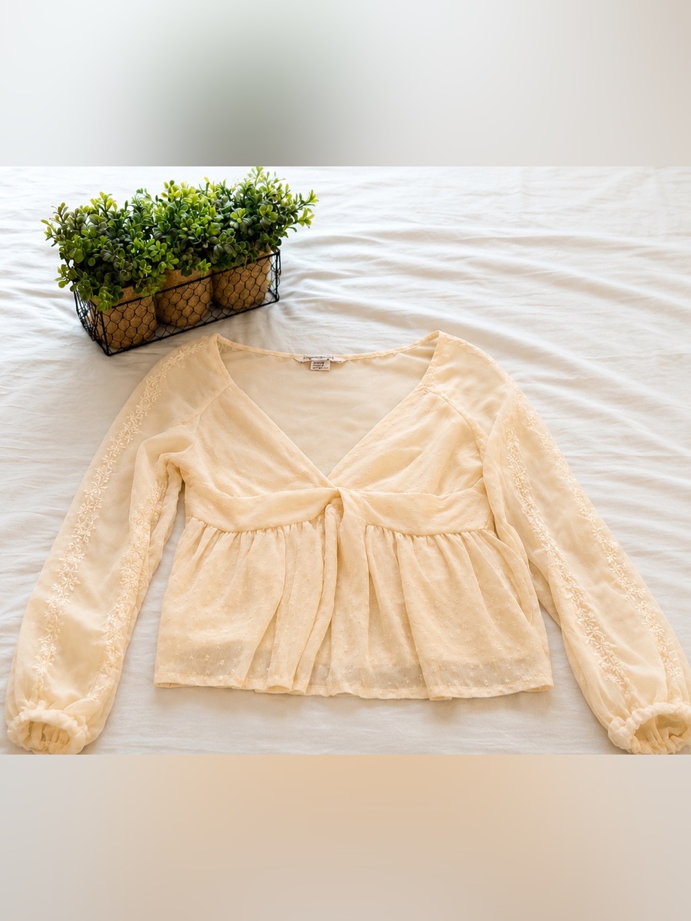 American Eagle Outfitters Cream Knot-Front Peplum Blouse
